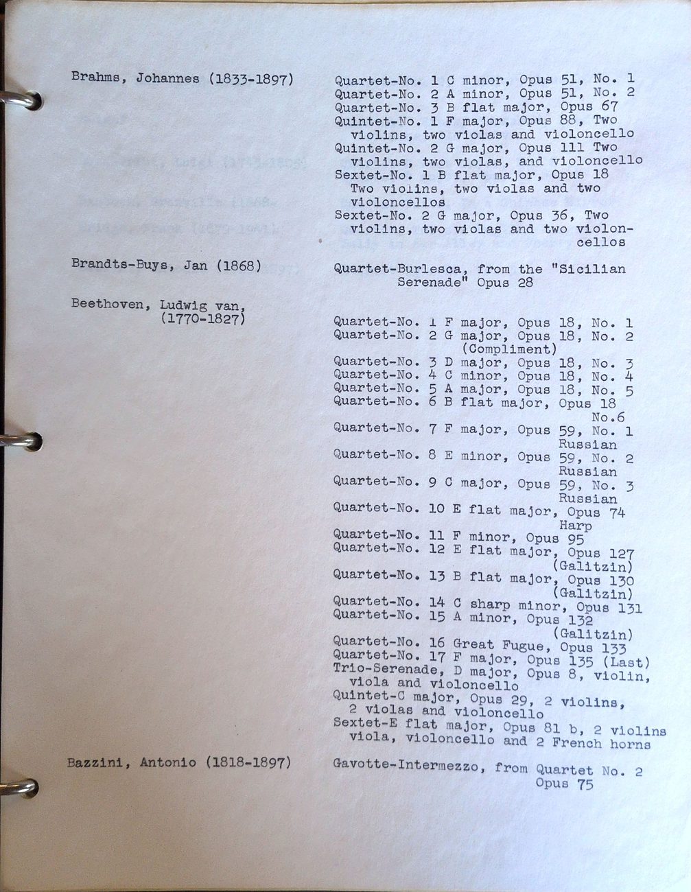 Repertoire page listing Brahms's complete quartets, quintets and sextets, and the start of the Beethoven quartet cycle