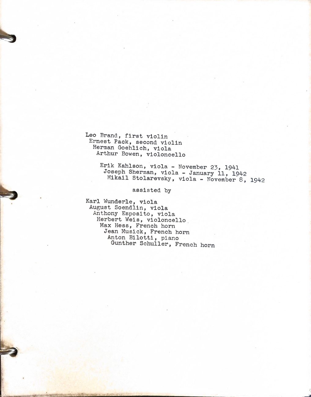 Personnel roster listing the quartet members and assisting musicians